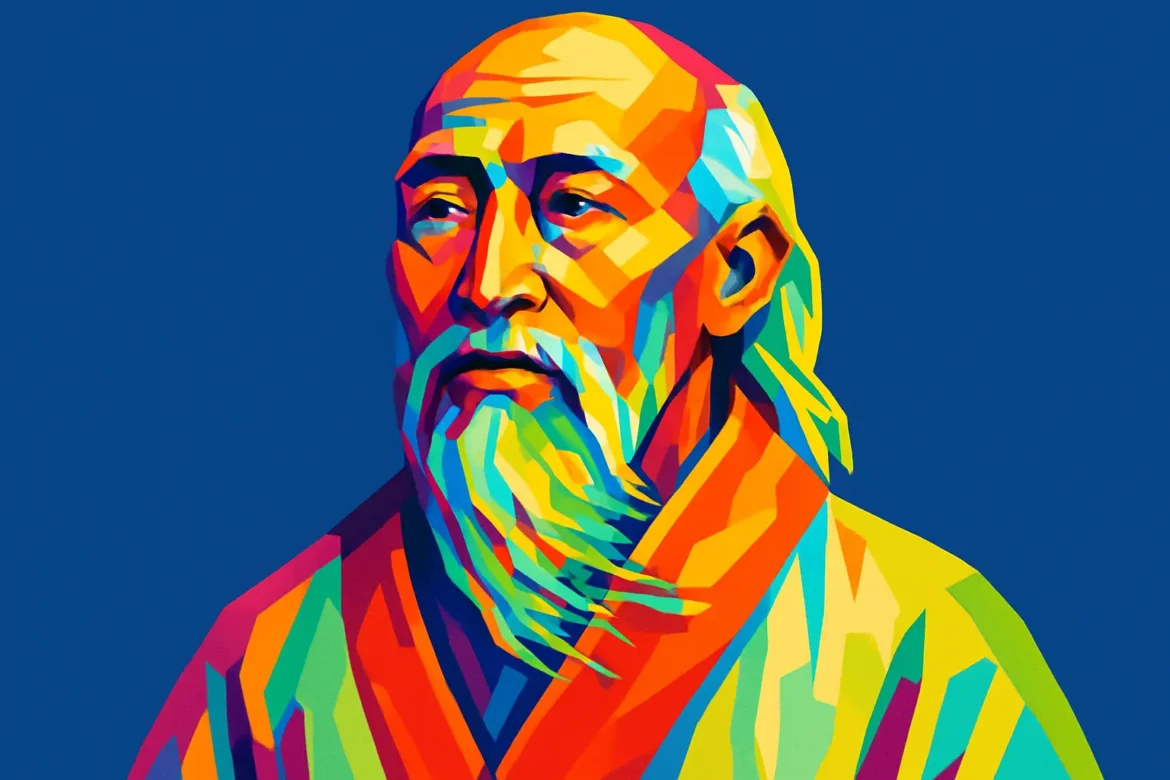 Colorful artistic portrait of Lao Tzu, the ancient Chinese philosopher and spiritual figure traditionally credited as the founder of Taoism and the author of the Tao Te Ching. Depicted with long flowing robes and a serene expression, Lao Tzu's teachings emphasize simplicity, harmony with nature, and the pursuit of the Tao—the way or path of the universe. His influence has shaped centuries of Eastern thought, ethics, and metaphysics.