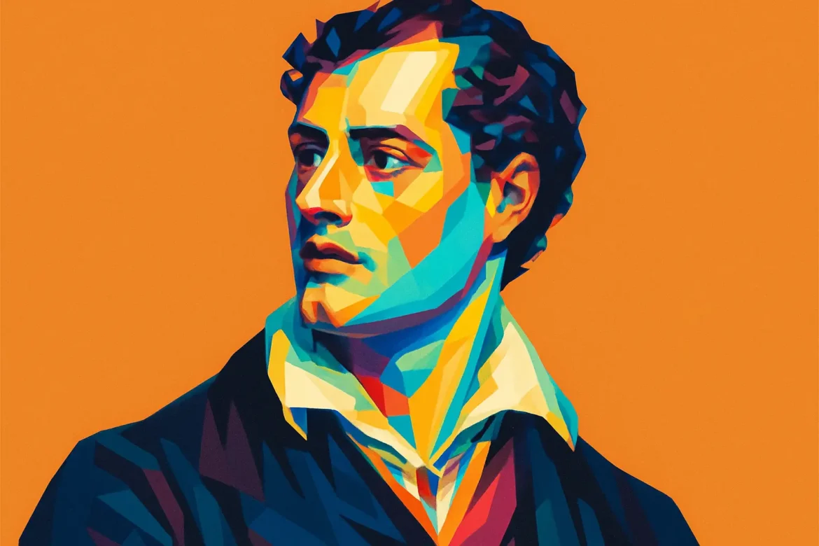 Colorful and stylized portrait of Lord Byron (1788–1824), renowned English poet and one of the most influential figures of the Romantic movement. Known for his passionate verse and flamboyant lifestyle, Byron authored iconic works such as 'Don Juan' and 'Childe Harold's Pilgrimage'. His legacy lives on as a symbol of artistic rebellion, emotional intensity, and literary brilliance.