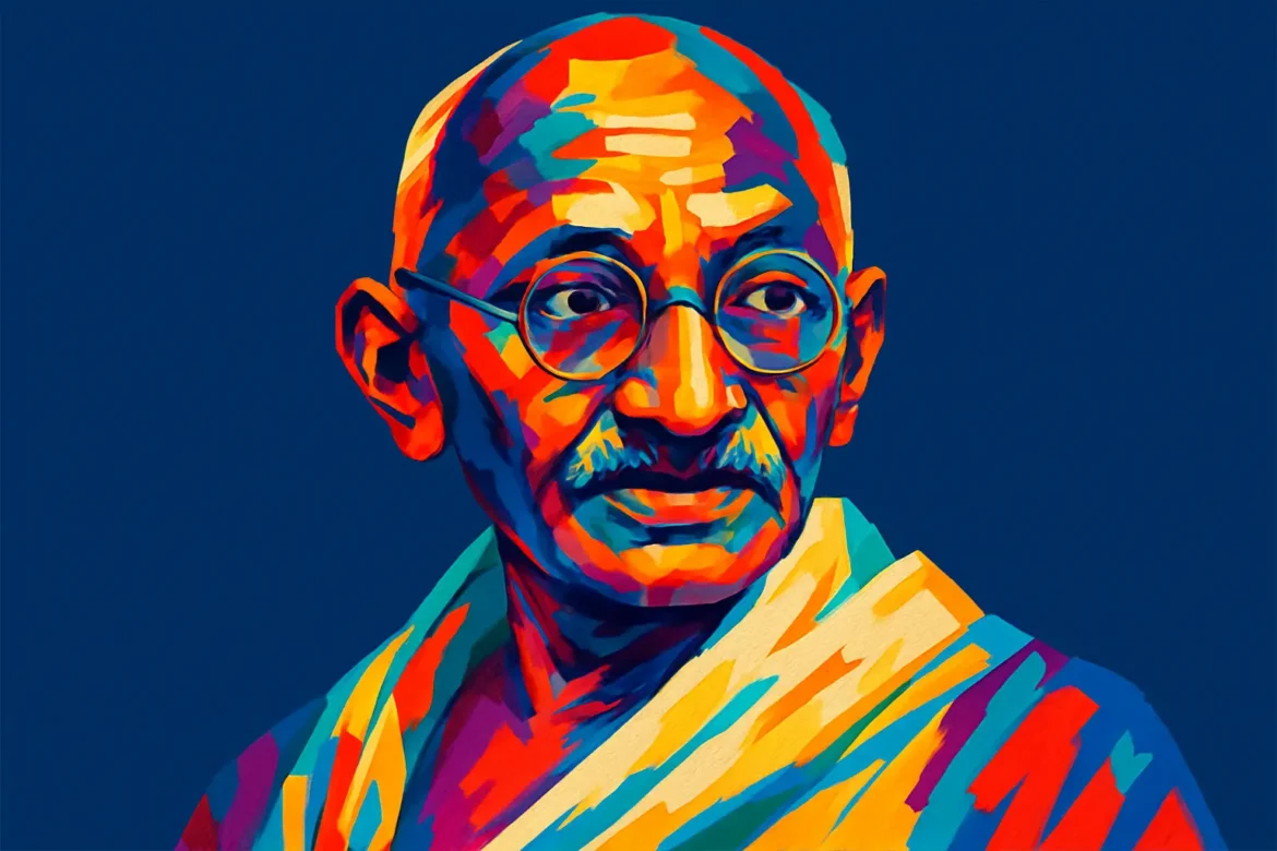 Colorful artistic portrait of Mahatma Gandhi (1869–1948), pioneering leader of the Indian independence movement against British rule. Known for his philosophy of nonviolent resistance and civil disobedience, Gandhi became a global symbol of peaceful protest and social justice. His ethical leadership and deep commitment to humanitarian values profoundly influenced civil rights movements around the world.