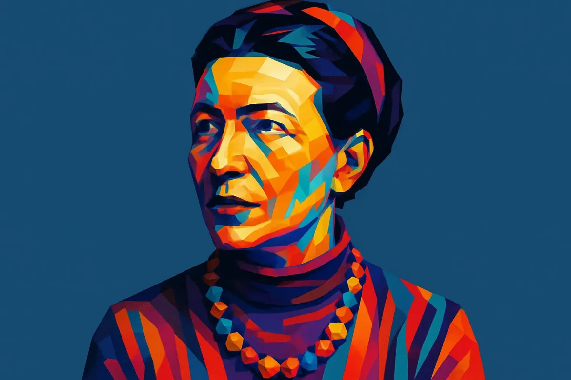 Colorful artistic portrait of Simone de Beauvoir (1908 – 1986), prominent French existentialist philosopher, novelist, and feminist thinker. Her groundbreaking work 'The Second Sex' (1949) challenged traditional notions of femininity and laid the foundation for contemporary feminist theory. A lifelong intellectual partner of Jean-Paul Sartre, she played a crucial role in 20th-century existentialism and the struggle for gender equality.