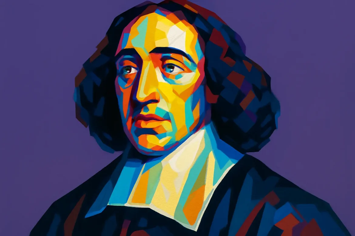 Colorful artistic portrait of Baruch Spinoza (1632 – 1677), influential Dutch philosopher of Sephardic Jewish descent. Known for his groundbreaking works in rationalism and ethics, Spinoza challenged traditional beliefs with his conception of God, nature, and the universe. His major work, 'Ethics', laid the foundation for modern biblical criticism and had a lasting impact on Enlightenment thought and secular philosophy.