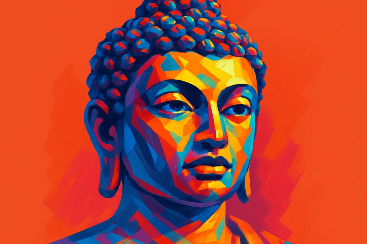 Colorful digital illustration of Gautama Buddha, the spiritual teacher and founder of Buddhism. Known for attaining enlightenment under the Bodhi tree, Buddha's teachings on suffering, mindfulness, and the path to Nirvana have inspired millions around the world for over two millennia. The artwork uses a vibrant palette to symbolize spiritual awakening and inner peace.
