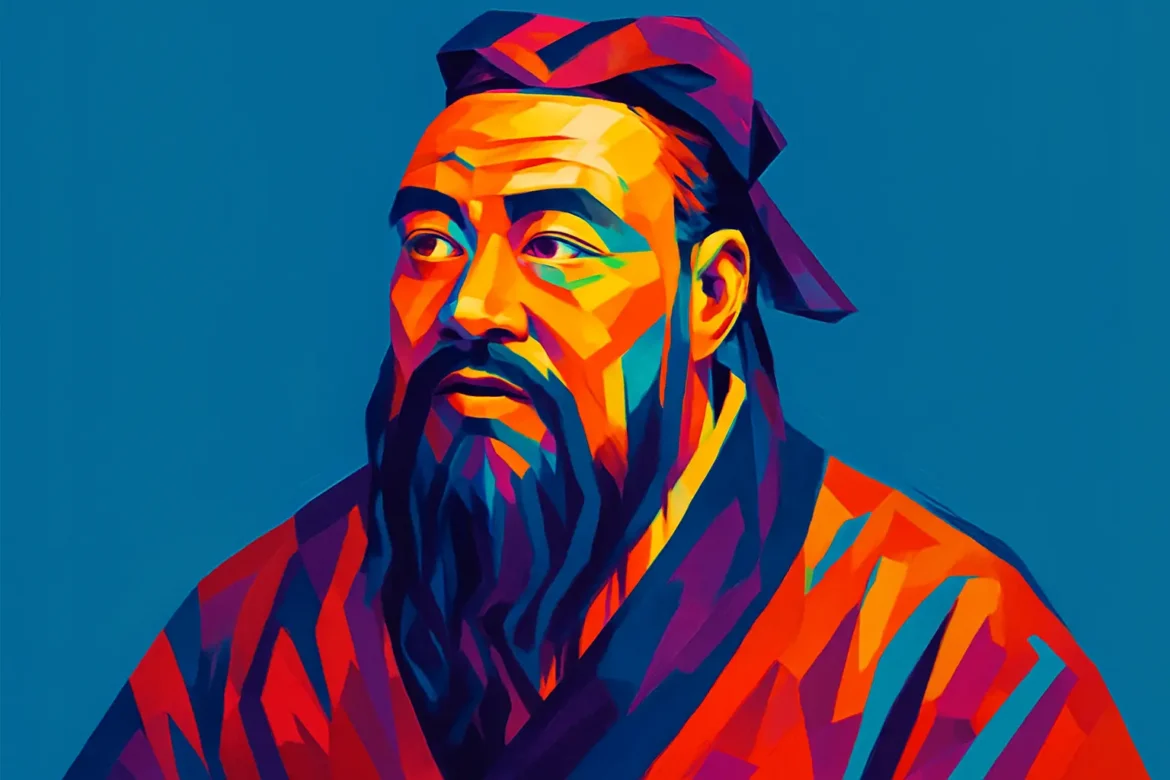 Colorful artistic portrait of Confucius (551–479 BCE), renowned Chinese philosopher, teacher, and political theorist. He is best known for founding Confucianism, a system of thought emphasizing moral integrity, social harmony, respect for tradition, and the importance of education. His teachings deeply influenced the culture and governance of East Asia for centuries.