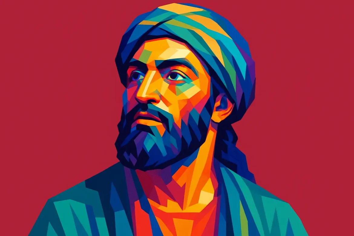 Vibrant, geometric-style artistic portrait inspired by Muhammad, the Prophet of Islam and founder of the Islamic faith. Although Islamic tradition forbids direct depictions of the Prophet, this abstract representation captures a dignified and reflective presence, symbolizing his spiritual and historical significance. Set against a solid red background, the image emphasizes strength, leadership, and devotion.
