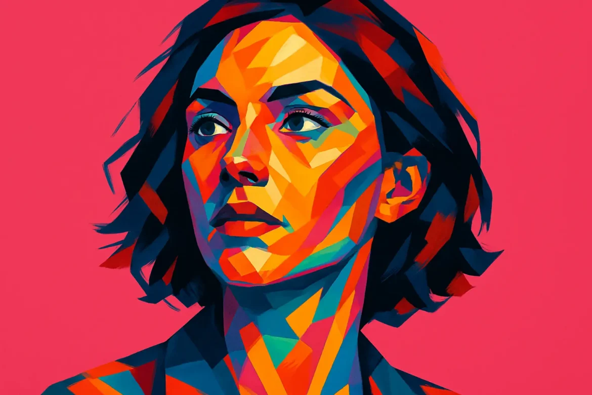 Vivid abstract digital art of a woman in a geometric, multicolored style against a bold pink background. The image evokes themes of emotion and introspection, aligning with the concept of love and the expressive intensity of the 'Top 50 Love Quotes' theme. The use of sharp lines and rich colors enhances the emotional depth and contemplative energy of the portrait.