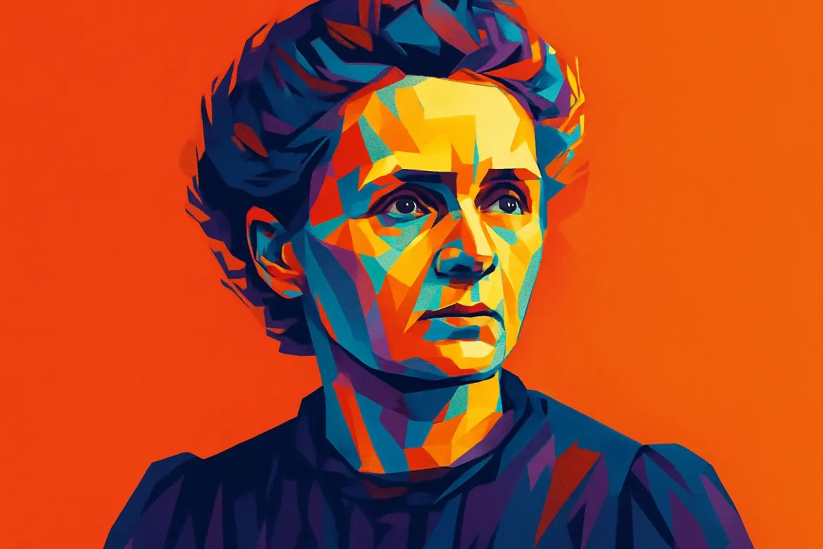 Artistic and vivid portrait of Marie Curie (1867–1934), renowned physicist and chemist who was the first woman to win a Nobel Prize and the only person to win in two different scientific fields—Physics and Chemistry. Known for her groundbreaking research on radioactivity, Curie embodies unwavering determination and resilience in the face of adversity, a true symbol of scientific pursuit and perseverance.