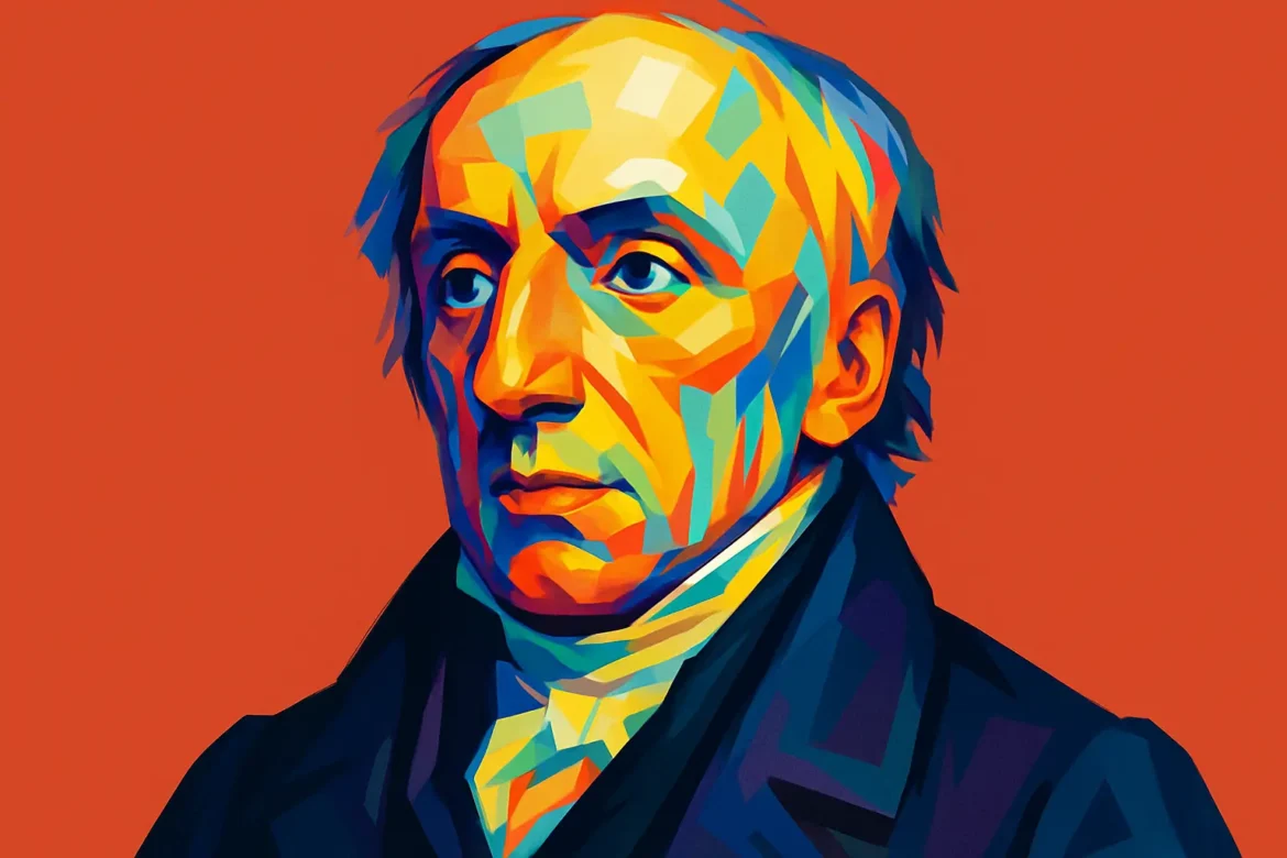 Colorful artistic portrait of William Wordsworth (1770–1850), a major English Romantic poet known for his deep reverence for nature and his role in launching the Romantic Age in English literature. Co-author of the seminal work *Lyrical Ballads* with Samuel Taylor Coleridge, Wordsworth celebrated the beauty of the natural world and the emotional depth of human experience through his poetry.