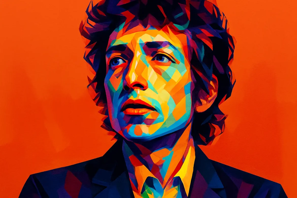 Vivid, colorful pop art portrait of Bob Dylan, the legendary American singer-songwriter, author, and Nobel Prize laureate in Literature. Known for his profound lyrics and powerful commentary on social and political change, Dylan became a defining voice of his generation with timeless works such as 'The Times They Are a-Changin’'. This image captures his contemplative expression, symbolizing the spirit of transformation and artistic revolution that he championed throughout his career.