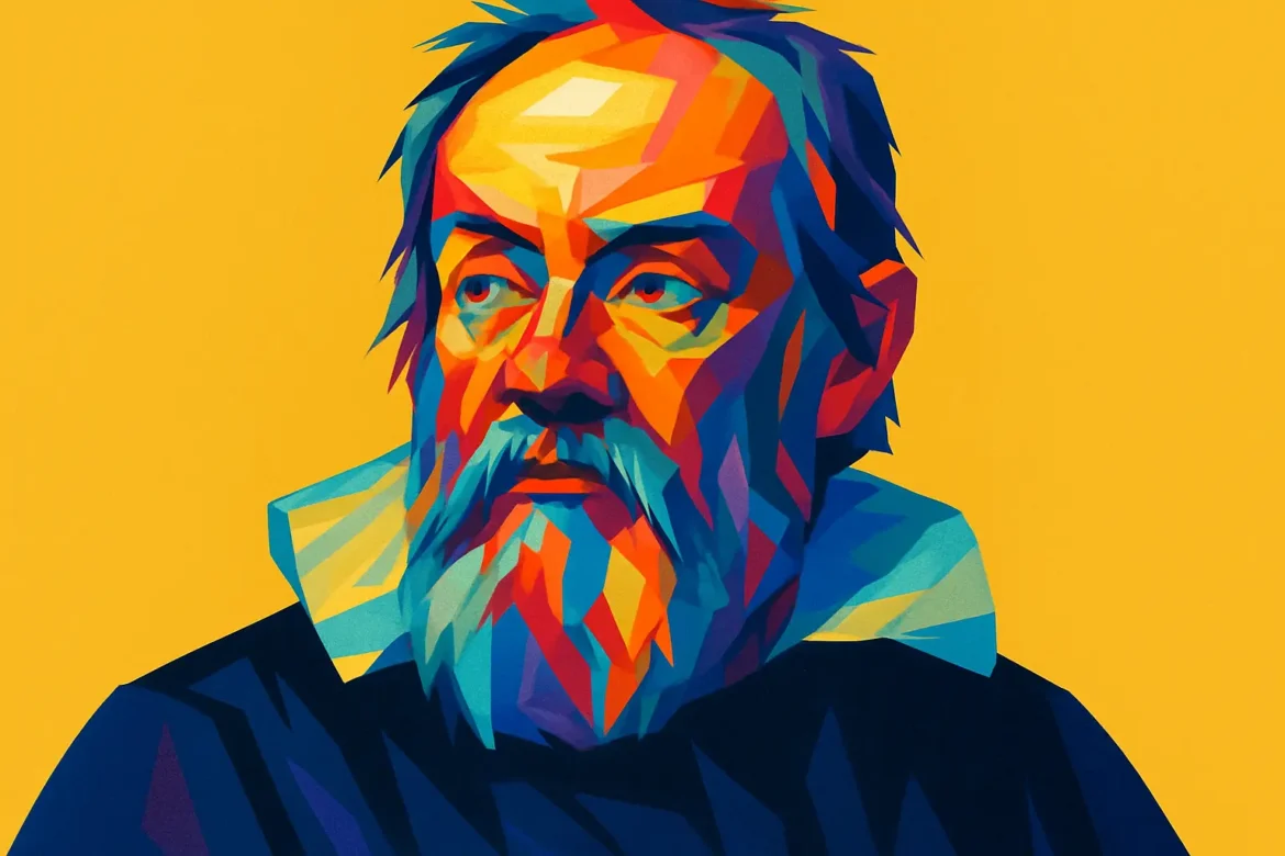 Colorful geometric portrait of Galileo Galilei (1564 – 1642), the Italian physicist, astronomer, and philosopher whose pioneering work laid the foundation for modern science. Renowned for championing the heliocentric model and advocating for scientific truth, Galileo's insights challenged centuries of conventional thinking and earned him the title 'father of modern observational astronomy.'