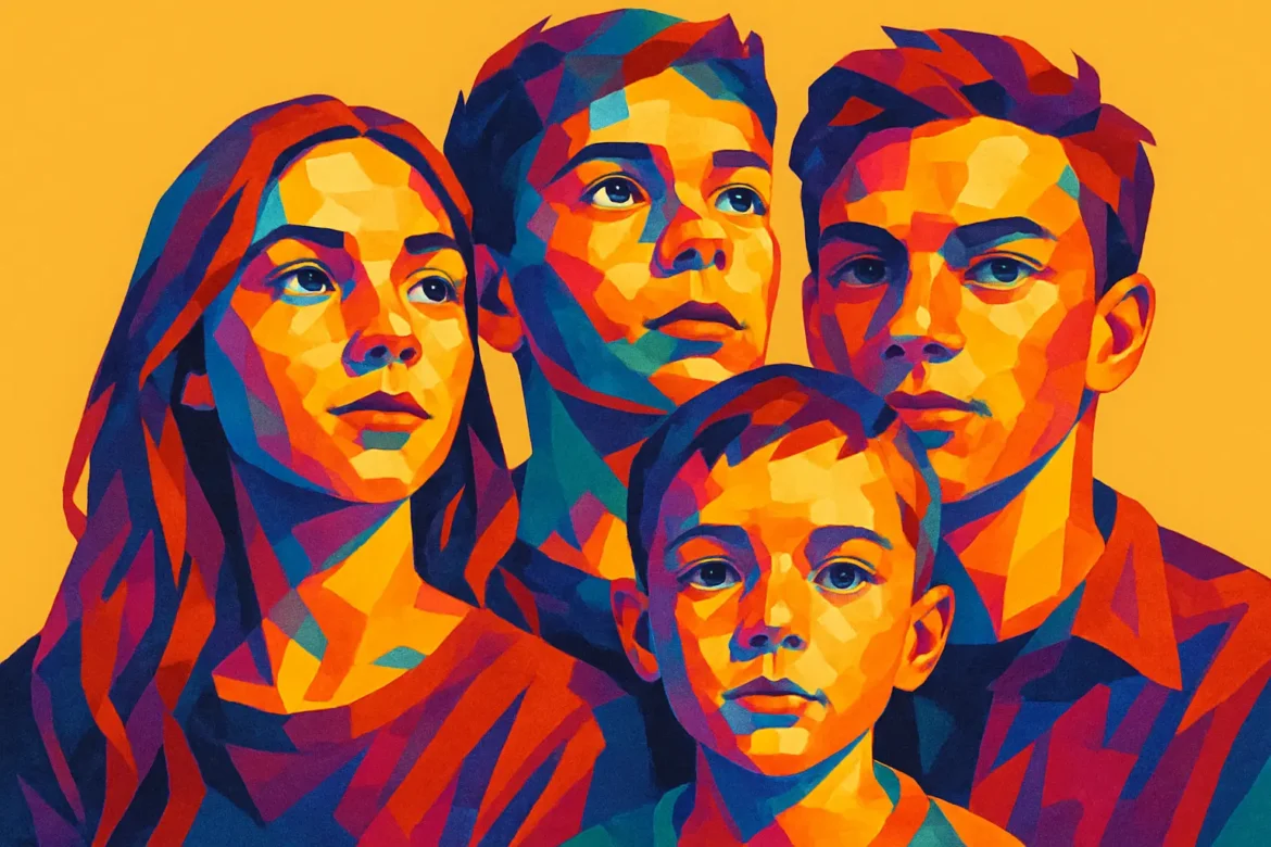 Digital artwork depicting four siblings—two boys and two girls—in a vivid, abstract geometric style with rich tones of orange, blue, red, and green. Set against a solid yellow background, the siblings are shown looking slightly upward with thoughtful and determined expressions, symbolizing unity, shared dreams, and the unbreakable bond between brothers and sisters. This image was inspired by the theme '12 Quotes on Siblings'.