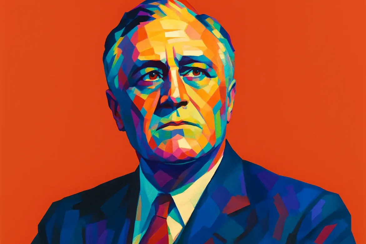 Vibrant and modern artistic portrait of Franklin D. Roosevelt (1882–1945), the 32nd President of the United States, known for his leadership during the Great Depression and World War II. This colorful rendering captures the spirit of hope and resilience he inspired through his New Deal reforms and stirring public speeches, emphasizing the enduring power of optimism and determination in times of crisis.