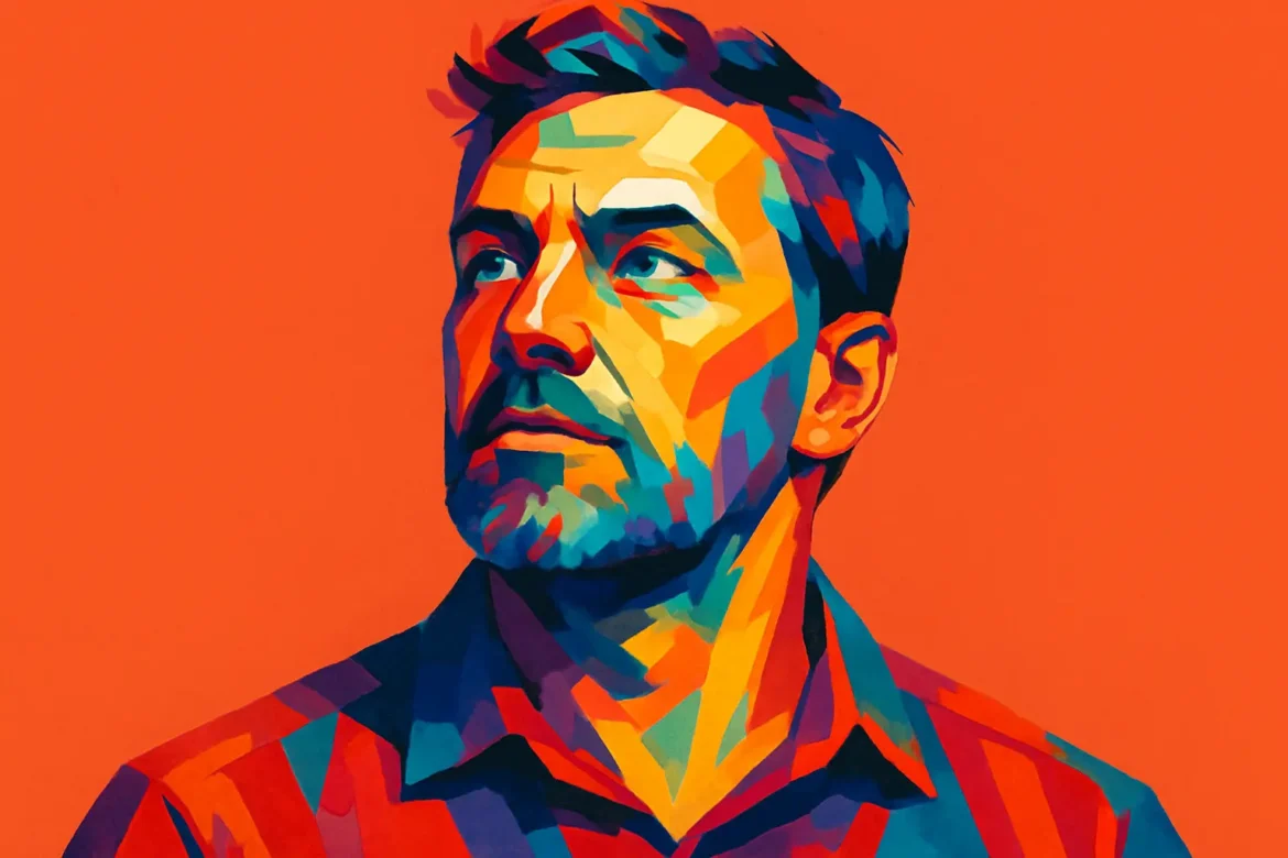 Vivid and colorful digital portrait of a thoughtful man portrayed as a father figure, symbolizing strength, wisdom, and guidance. The image uses bold, abstract colors and shapes to emphasize the emotional depth and importance of fatherhood, aligning with the theme '15 Quotes for Fathers'.