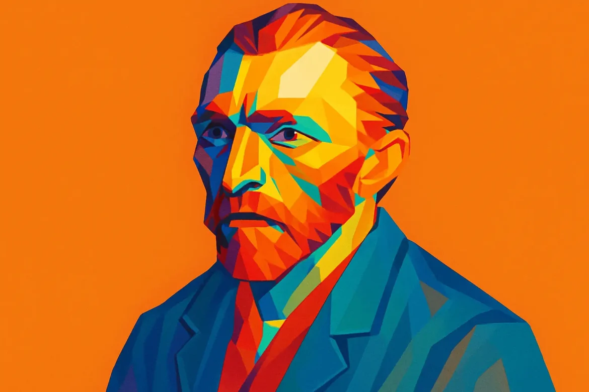 Vibrant and stylized digital portrait of Vincent van Gogh (1853 – 1890), the legendary Dutch painter whose emotionally charged works and revolutionary brushwork marked the dawn of modern art. Known for masterpieces like 'Starry Night' and 'Sunflowers', van Gogh’s insights into art and creativity continue to inspire generations. This image illustrates his iconic red beard and intense gaze, symbolic of his profound connection to beauty, color, and emotion.