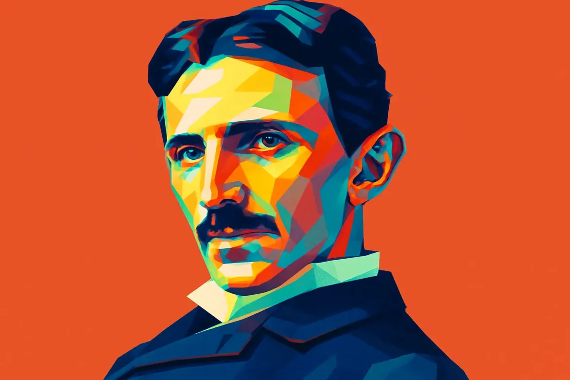 Artistic and colorful geometric portrait of Nikola Tesla (1856–1943), the Serbian-American inventor, electrical engineer, and futurist renowned for his pioneering contributions to alternating current (AC) electricity, wireless communication, and numerous innovations that shaped modern technology. This stylized image captures the essence of Tesla's visionary spirit, aligning with 15 of his most powerful quotes on innovation and the future of science.