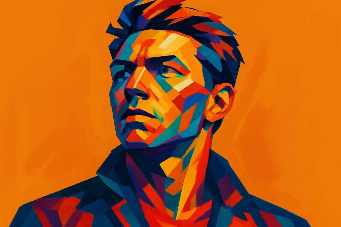 Vivid abstract digital illustration of a man gazing confidently into the distance, symbolizing strength and determination. Rendered in a striking palette of reds, blues, and oranges against a bold orange background, the artwork embodies the spirit of courage and heroic defiance.