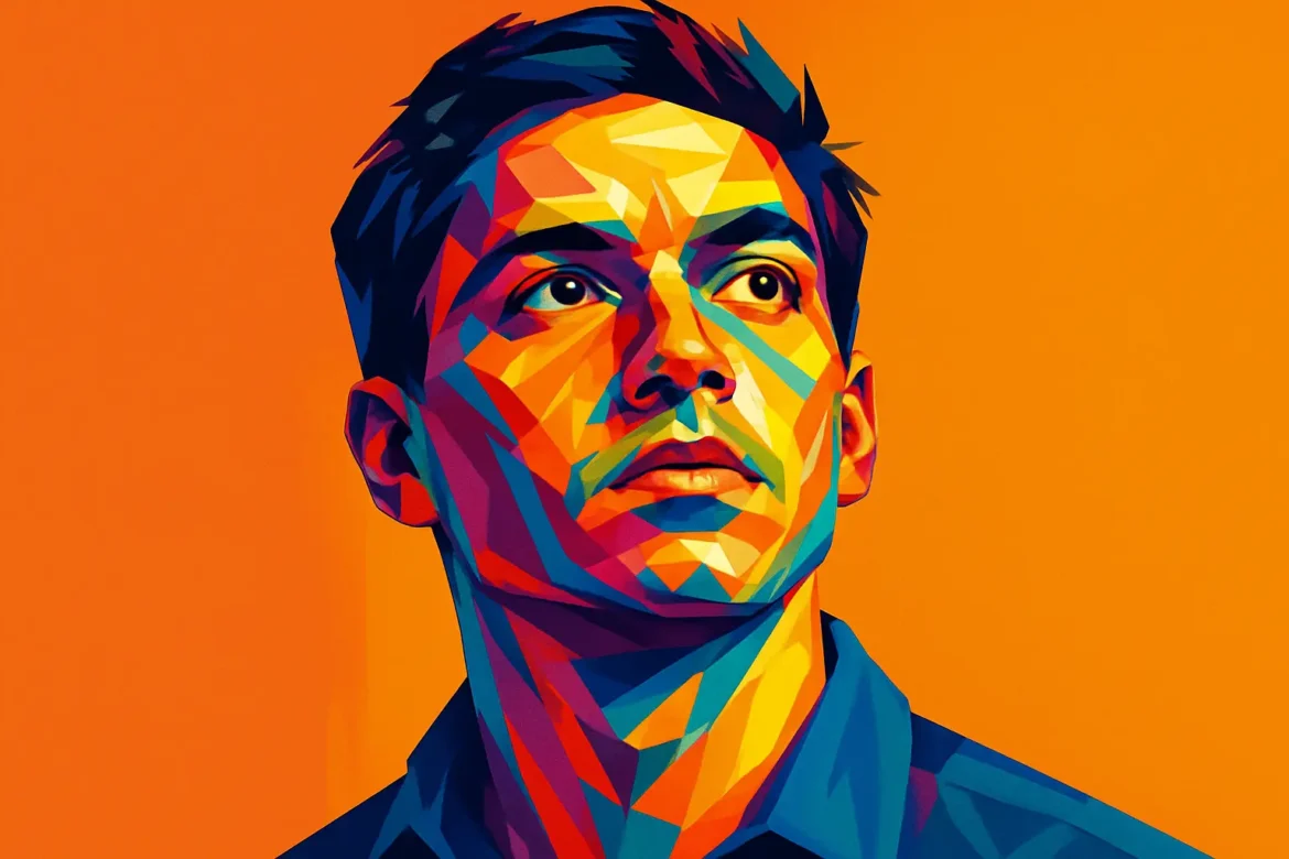 Vibrant and expressive geometric-style digital illustration of a young man gazing upward with intensity and purpose. Set against a bright orange background, the portrait symbolizes discipline, determination, and inner strength—qualities evoked by the theme '15 Quotes on Discipline'. The bold colors and sharp angles highlight a sense of clarity and control, visually reinforcing the mental and emotional resilience required for disciplined living.