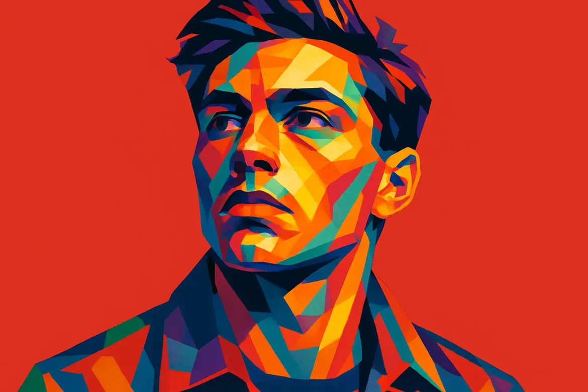 Vivid digital illustration of a young man depicted in striking geometric pop art style, characterized by bold, angular shapes and a vibrant palette of reds, blues, oranges, and yellows. The subject displays a serious and resolute expression, staring into the distance, evoking themes of strength and unwavering loyalty. Set against a solid red background, the artwork symbolizes the emotional intensity and personal conviction associated with true loyalty.