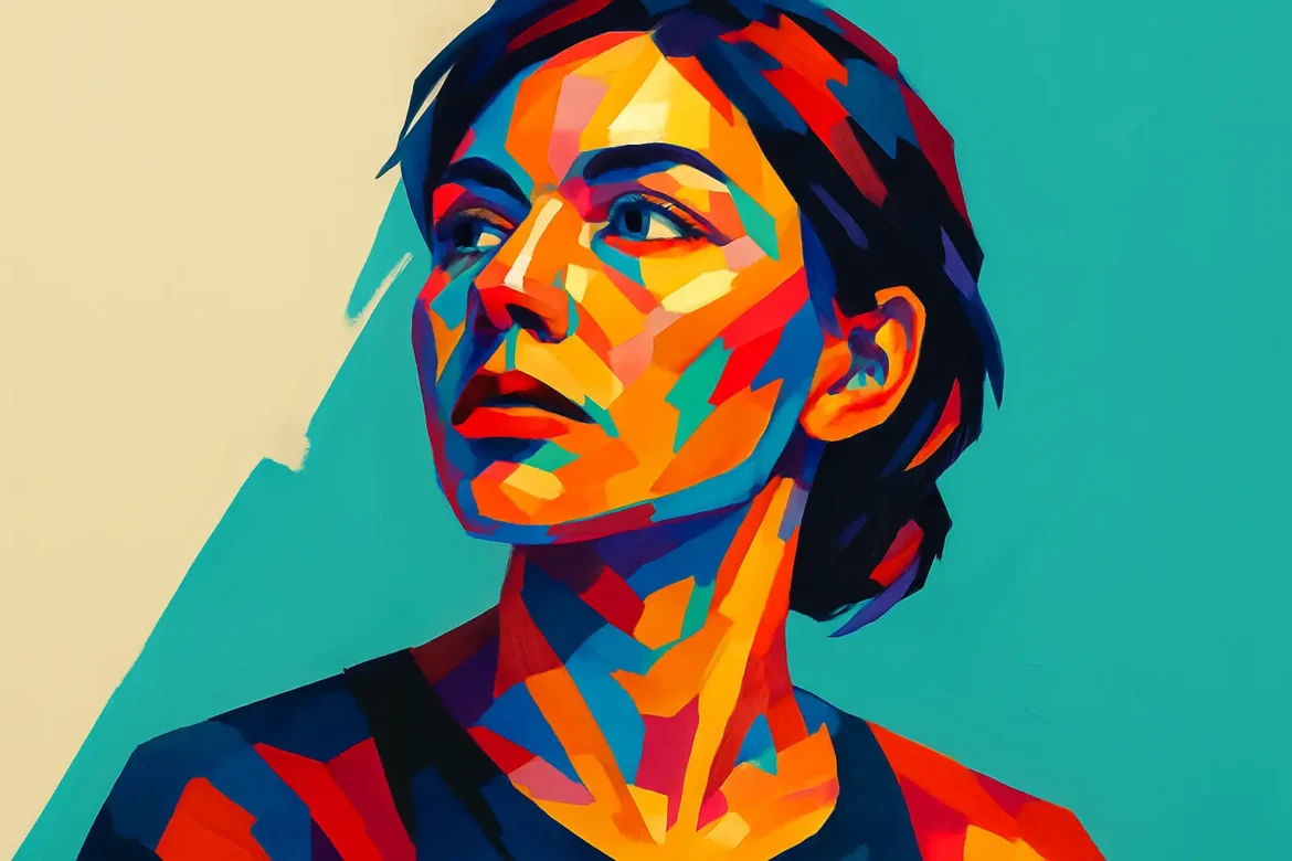 Vibrant abstract portrait of a woman gazing thoughtfully into the distance, symbolizing inner strength and the resolve to overcome obstacles. The bold, contrasting colors express emotional depth and the journey through adversity toward personal growth and resilience.