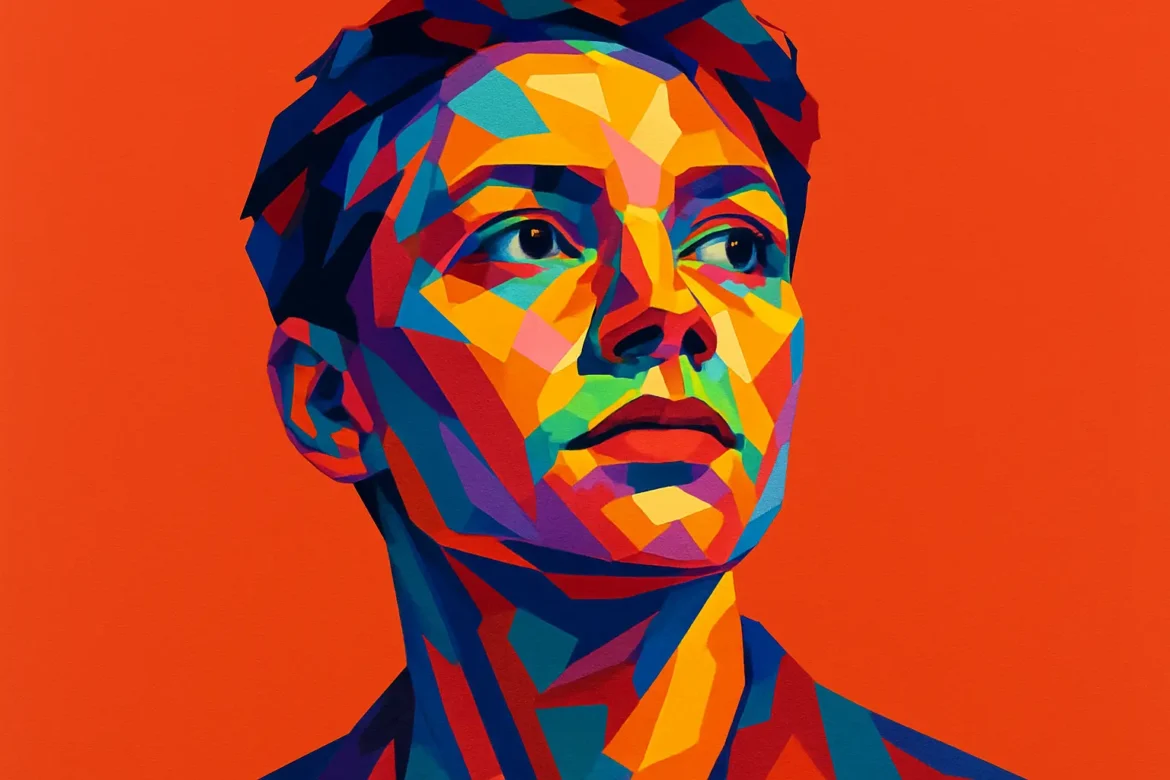 Vivid abstract portrait of a person gazing upward, illuminated by a kaleidoscope of geometric colors against a bold red background. The intense expression and dynamic composition evoke a sense of determination, confidence, and inner strength, embodying the spirit of empowerment and resilience reflected in the theme of '25 Quotes on Inner Strength.'