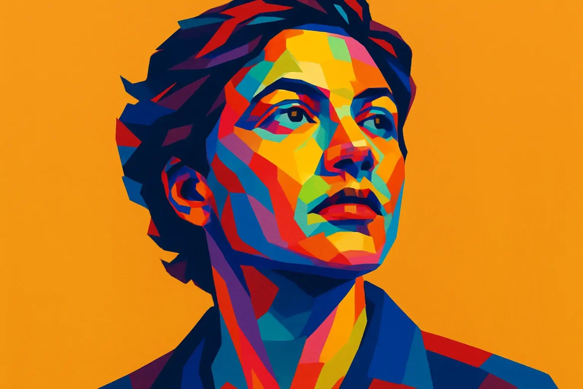 Vivid and stylized digital illustration of a confident individual looking forward with determination, rendered in a bold, multicolored palette against an orange background. This striking image visually represents the spirit of teamwork, collaboration, and shared vision, aligning with the theme '25 Quotes on Teamwork'.
