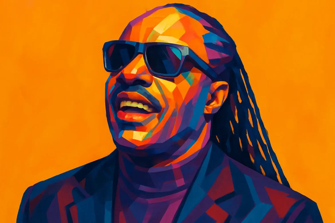 Vibrant digital portrait of Stevie Wonder, the iconic American singer, songwriter, and multi-instrumentalist known for his profound influence on soul, R&B, and pop music. Blind since shortly after birth, Wonder became a child prodigy and Motown legend, earning 25 Grammy Awards and shaping the sound of modern music with timeless hits like 'Superstition' and 'Isn't She Lovely.'