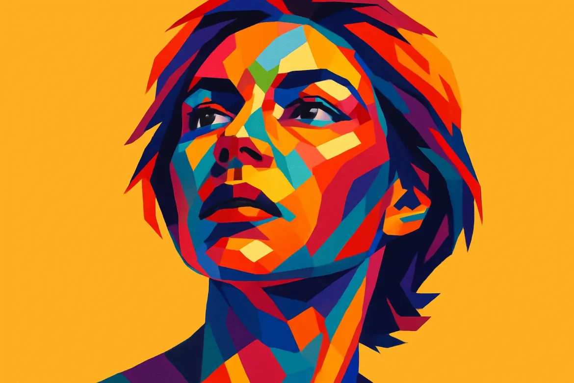 Vivid and abstract digital portrait of a woman, designed in a geometric pop-art style with vibrant hues of red, blue, yellow, and purple against a solid orange background. Her upward gaze conveys a sense of hope, renewal, and personal transformation, thematically aligned with the concept of rebirth. The intense color palette and expressive composition symbolize the inner strength and beauty that emerge through the process of change and new beginnings.