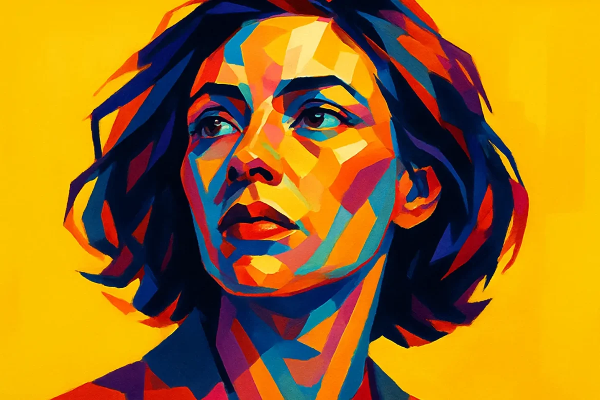 Digital artwork in an abstract pop-art style featuring a woman gazing thoughtfully into the distance. Her face is composed of vivid geometric shapes in shades of blue, red, orange, and purple, conveying emotional depth and introspection. The bright yellow background adds intensity and contrast, emphasizing themes of memory, identity, and reflection—echoing the theme '10 Quotes on the Past.'