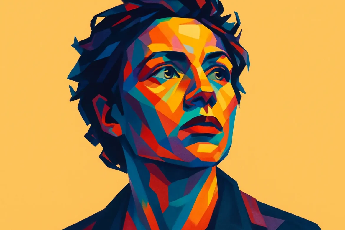 Vivid and expressive digital artwork of a person rendered in a geometric, pop-art style with bold, contrasting colors. The individual gazes upward with a thoughtful expression, reflecting the essence of creativity and inspiration. The use of angular shapes and vibrant hues symbolizes the multifaceted nature of creative thought, tying into the theme '15 Quotes on Creativity'. The minimalist yellow background enhances the focus on the subject’s introspective demeanor.