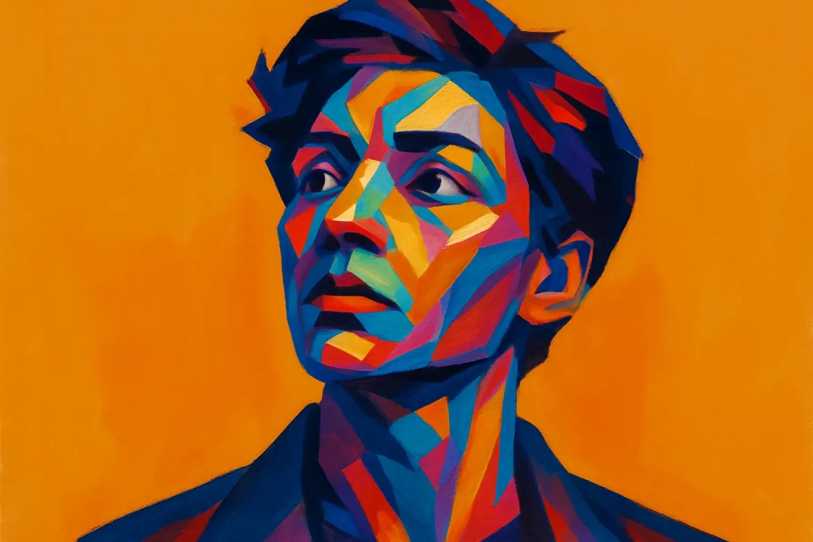 Vivid and colorful abstract portrait of a person gazing upward, set against a bold orange background. The image uses geometric shapes and a rich palette of blues, reds, and purples to convey a sense of inner thought and contemplation. This expressive artwork captures the theme of introspection, inviting viewers to explore the complexity and depth of self-reflection.