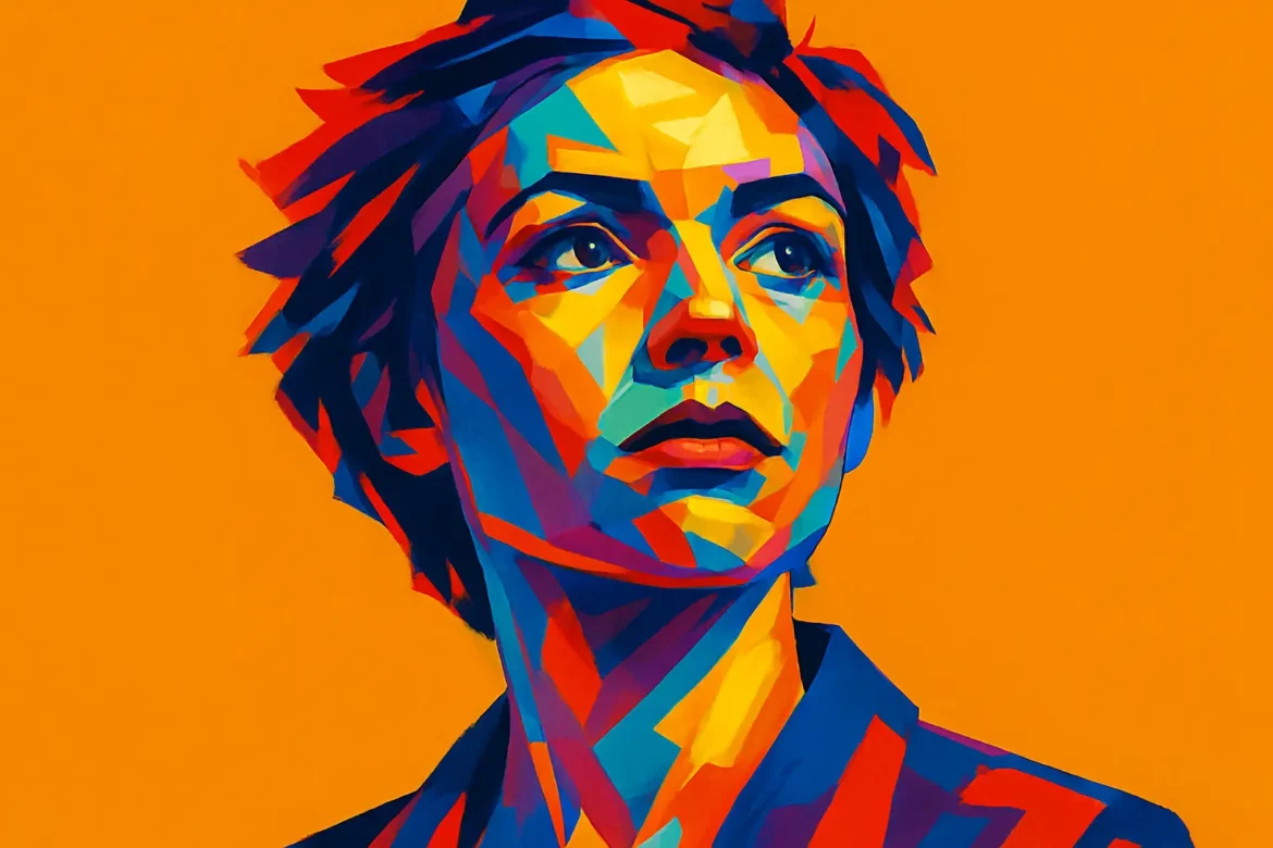 A striking and colorful digital artwork depicting a pensive individual against a vivid orange background. The use of bold geometric shapes and contrasting hues of blue, red, and yellow brings a sense of depth and emotion, embodying the theme of transformation. The person's upward gaze conveys introspection and growth, capturing the essence of change and the human journey toward self-discovery.