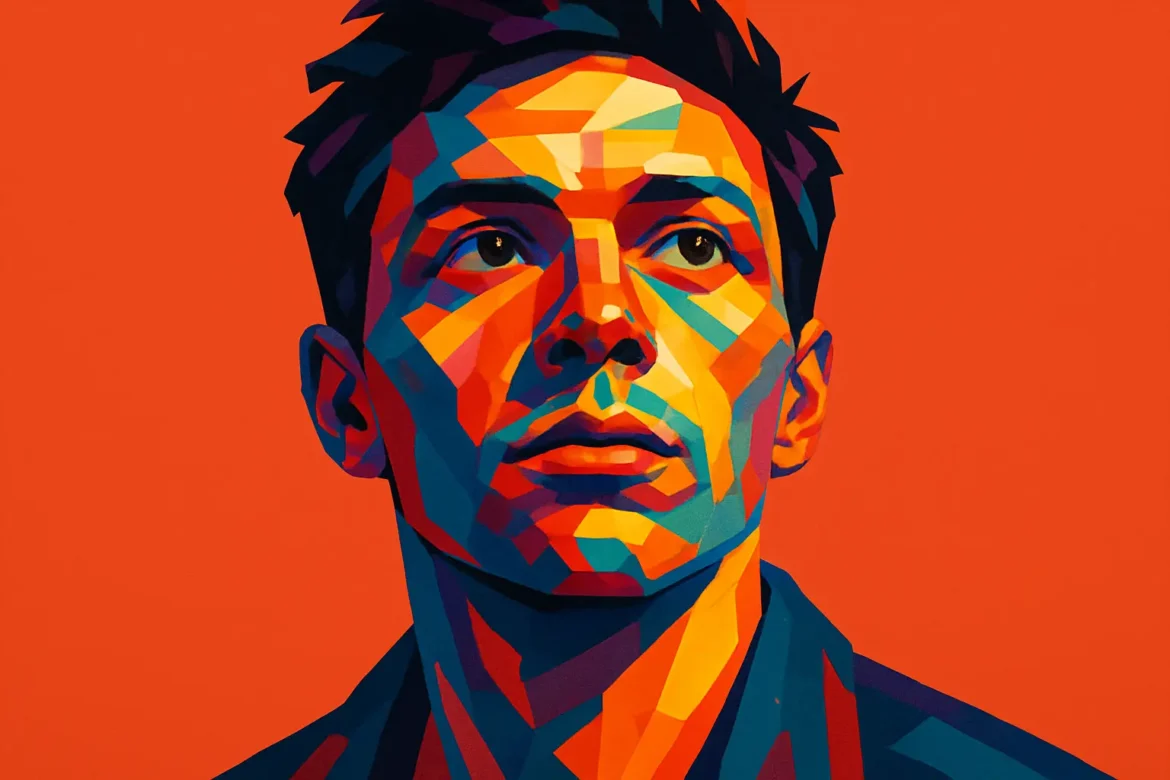 Vivid digital pop art portrait of a young man gazing upward, symbolizing introspection and the search for purpose. The striking use of geometric shapes and bold, vibrant colors against a solid orange background conveys the theme of destiny—complex, multifaceted, and ever-evolving. The artwork encapsulates the emotional weight of contemplating one's path, inviting viewers to reflect on their own fate amid uncertainty and possibility.