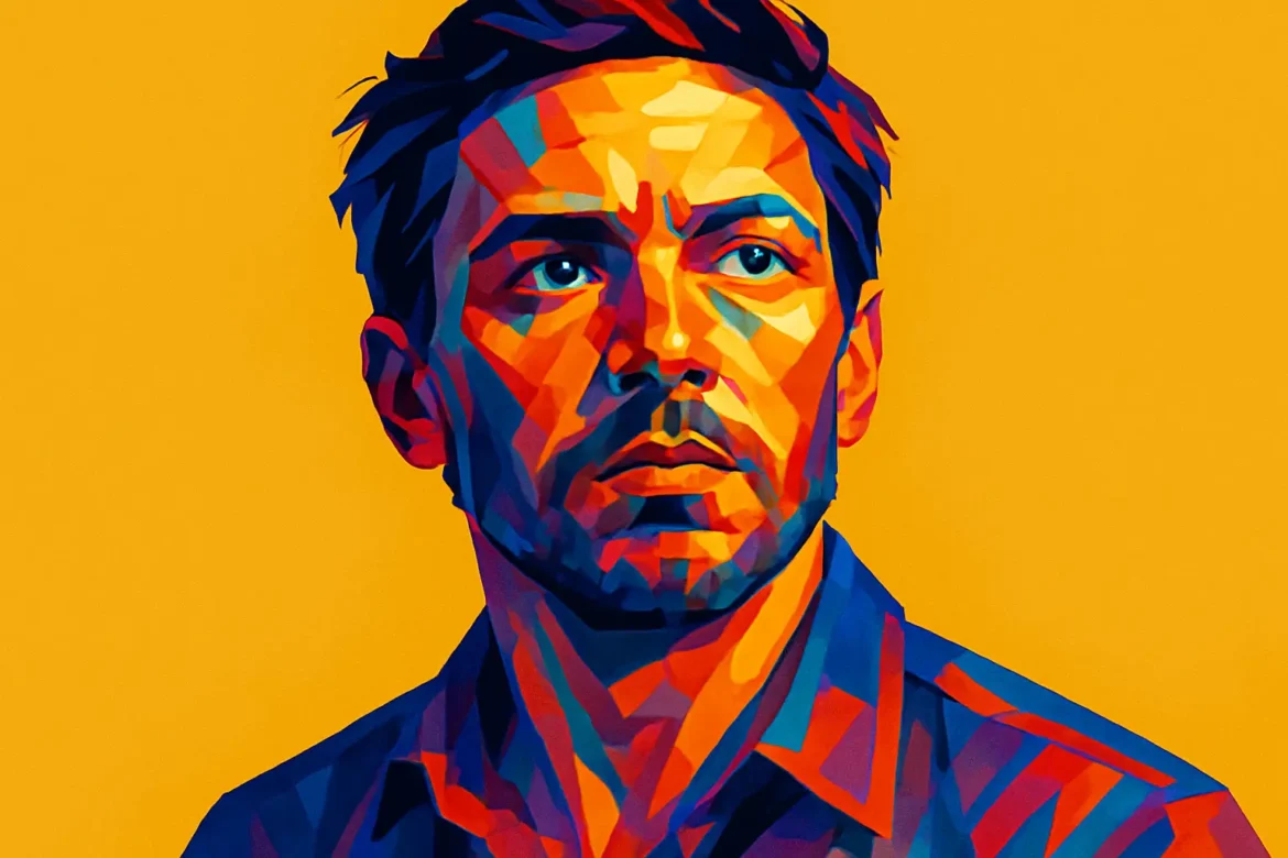 Vivid, colorful digital artwork depicting a contemplative man against a vibrant yellow background. The geometric, abstract style highlights the theme of inner strength and patience, echoing the quiet resilience often needed in moments of uncertainty. This portrait, created in a modern pop-art aesthetic, visually represents the depth and complexity of emotions tied to the virtue of patience.