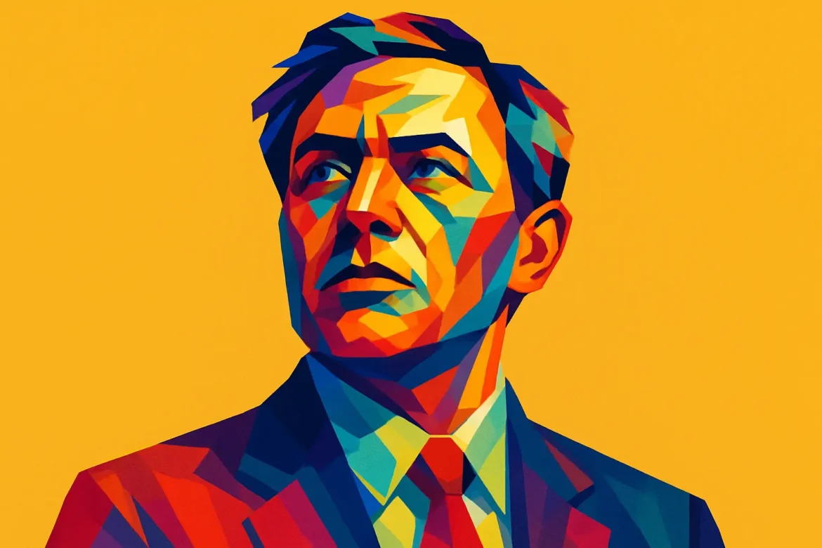 Vibrant geometric illustration of a man in a suit and tie, gazing upward with determination, set against a bold yellow background. The image uses intense colors and angular shapes to evoke ideals of leadership, vision, and active civic engagement, reflecting the spirit of democracy and the power of individual voice in shaping collective futures.