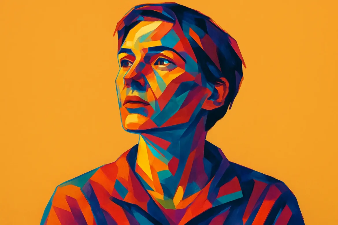 Abstract digital artwork featuring a contemplative person rendered in vivid, geometric color blocks. The individual gazes into the distance against a vibrant orange background, evoking a sense of introspection and solitude. The image captures the emotional depth and clarity often found in moments of isolation, aligning with the theme '25 Quotes on Solitude.'