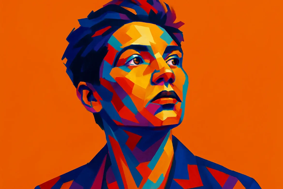 Vivid abstract portrait of a person rendered in bold geometric shapes and vibrant colors, symbolizing the multifaceted nature of human consciousness. Set against a striking orange background, the upward gaze suggests introspection and the pursuit of higher awareness, aligning with the theme of '25 Quotes on Consciousness'.