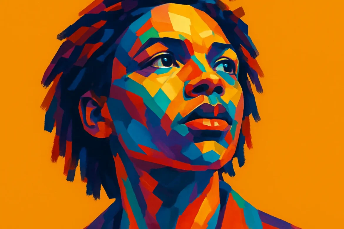 Vivid and expressive digital illustration of an anonymous figure gazing upwards, symbolizing hope, resilience, and aspiration. The use of bold, geometric color blocks in vibrant tones of red, blue, orange, and yellow evokes a sense of empowerment and individuality. Set against a bright orange background, the image captures the essence of freedom as a personal and transformative experience.