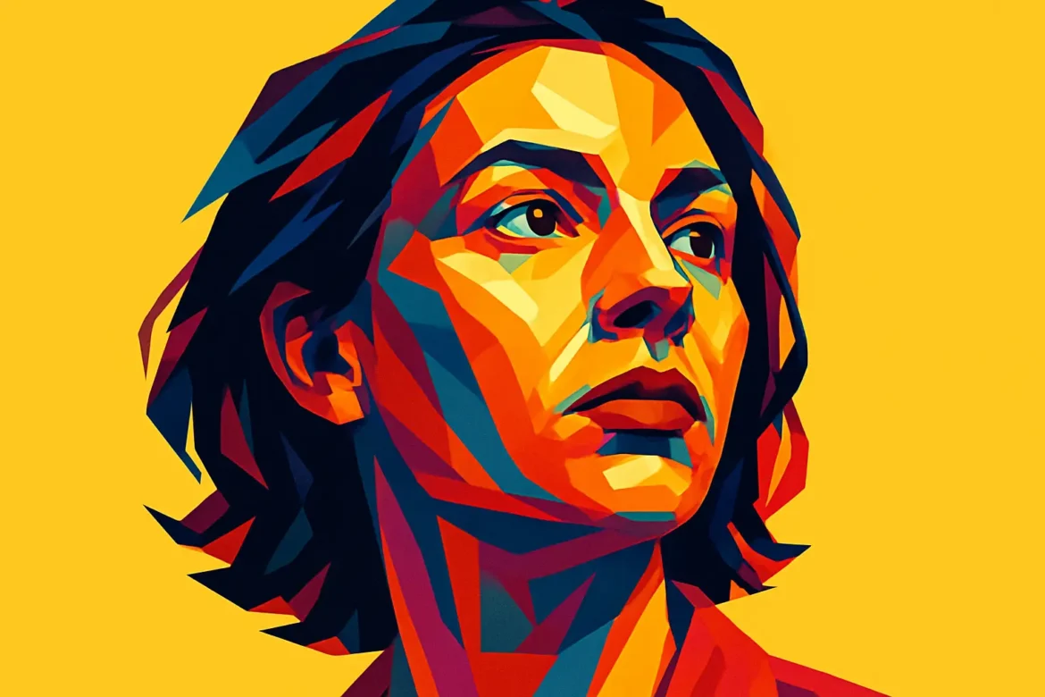 A vibrant polygonal-style digital portrait of a woman gazing upward with a contemplative expression, rendered in vivid tones of red, orange, blue, and purple. Set against a bright yellow background, the artwork evokes themes of introspection, time, and human emotion, aligning with the theme '30 Quotes on Time' through its reflective and timeless composition.