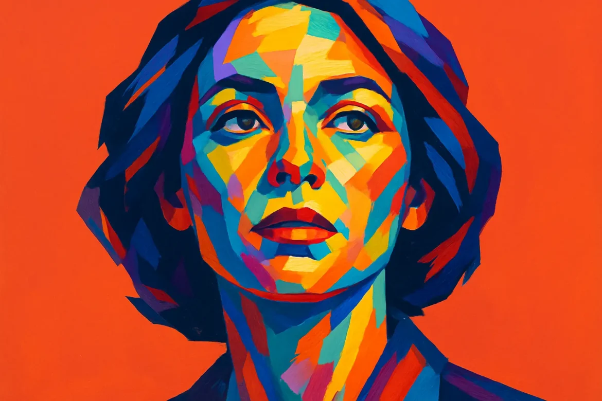 Vivid and polygonal-style digital illustration of a contemplative woman, set against a bold orange background. The artwork features an interplay of intense colors—blue, purple, red, and yellow—highlighting the subject’s introspective expression. This stylized representation evokes themes of emotion, analysis, and human cognition, aligning with the psychological depth suggested by the quote series theme.