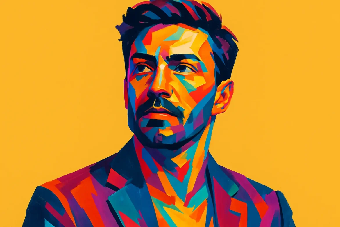 Vivid and colorful digital portrait of a confident male entrepreneur, captured in a modern pop art style against a bright yellow background. The striking use of bold, geometric shapes in shades of blue, red, purple, and orange symbolizes innovation, vision, and determination—qualities essential to entrepreneurial spirit. This artwork visually represents the theme '10 Quotes for Entrepreneurs' through the powerful gaze and purposeful expression of the character.