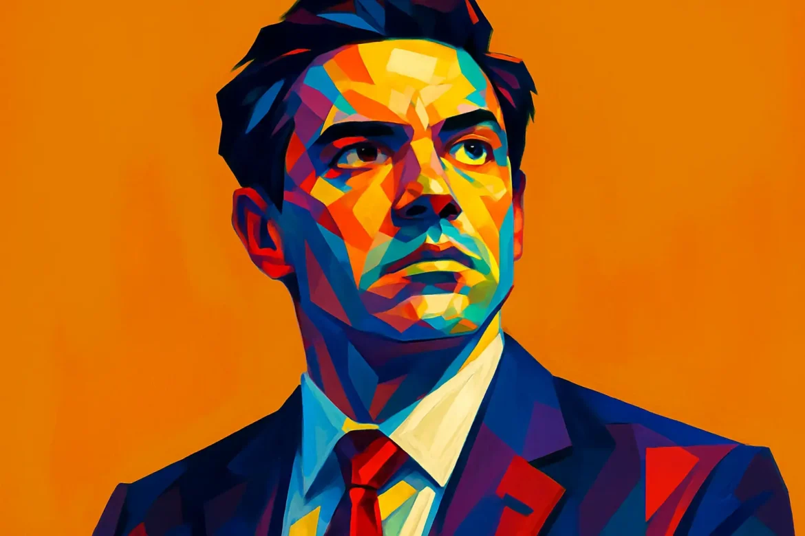 Vivid and stylized depiction of a lawyer portrayed with bold geometric shapes and vibrant colors in a modern pop art style. Dressed in a suit and red tie, the figure exudes confidence and determination, symbolizing the strength, logic, and resilience often associated with legal professionals. The orange background enhances the intensity and focus portrayed in the subject’s expression, aligning with the theme '10 Quotes for Lawyers' by visually representing the gravity and charisma of the legal profession.