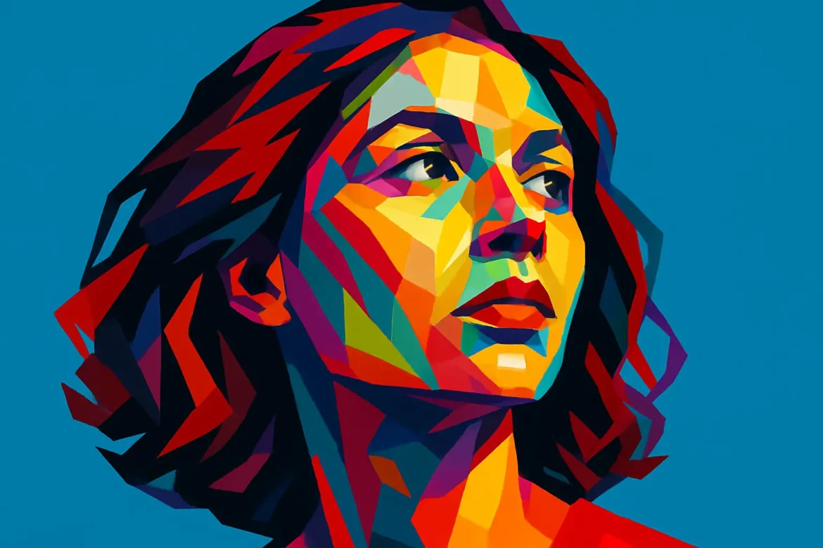 Vibrant and expressive digital illustration of a woman rendered in geometric pop art style. The image features bold, angular shapes and a vivid color palette of reds, blues, yellows, and greens, creating a sense of strength and contemplation. The subject gazes slightly upward against a bright blue background, symbolizing aspiration and hope. This artistic composition blends modern digital techniques with classic pop art influences, celebrating individuality and inner beauty.
