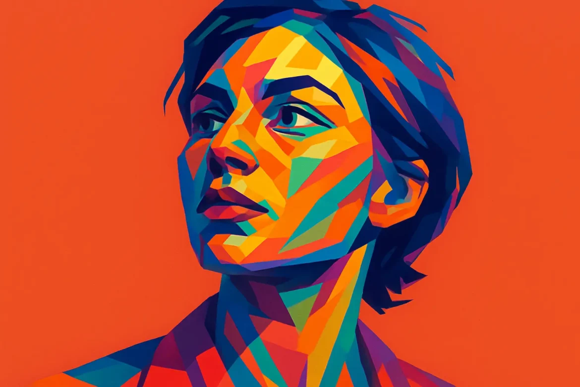 Colorful abstract portrait of a woman looking into the distance, set against a vivid orange background. Rendered in a geometric style, the image embodies themes of preservation, inner strength, and determination. The faceted use of vibrant colors reflects the complexity and vitality of the human spirit, aligning with the philosophical quotes on the importance of preserving identity, culture, and nature.