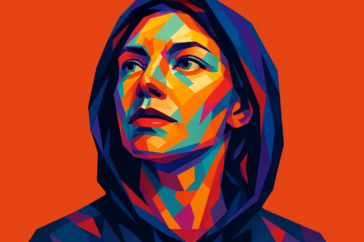Striking geometric and colorful digital portrait of a woman dressed in a hooded jacket, gazing upward with a contemplative expression. The vibrant palette of blues, oranges, and purples contrasts dramatically with the solid red background, evoking themes of introspection, resilience, and the quiet beauty of a rainy day—reflecting the spirit of rain-inspired quotes.