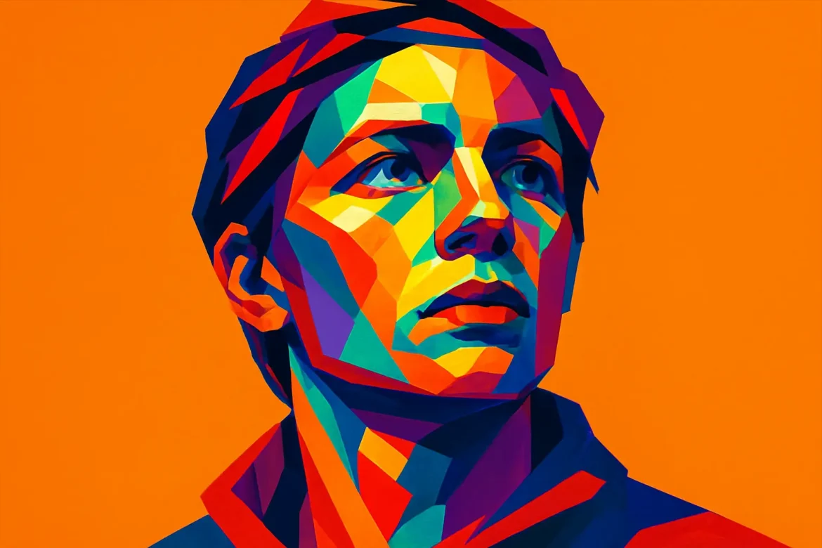 Artistic portrait of a young explorer rendered in a vivid geometric pop-art style, with intense colors ranging from deep blues to fiery reds and bright yellows. The subject gazes upward with a look of determination and wonder, symbolizing ambition and the spirit of discovery—visually echoing the essence of mountain-themed quotes about perseverance, courage, and reaching great heights.