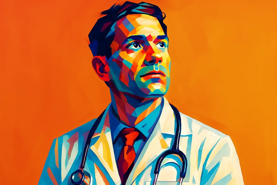 A colorful, stylized digital portrait of a male doctor wearing a white coat and stethoscope, set against a vivid orange background. His upward gaze conveys determination and hope, symbolizing the dedication and resilience of medical professionals. This artwork captures the spirit of those who devote their lives to healing others—an ideal visual representation in a series celebrating inspiring quotes for doctors.