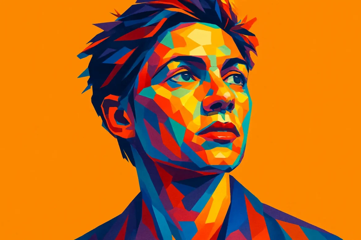 A vibrant and stylized digital portrait of a person, rendered in a geometric, multicolored polygonal art style. The subject appears thoughtful and introspective, gazing slightly upwards, framed by a vivid orange background that contrasts with the bold blues, reds, and yellows of their face and clothing. This artwork captures a modern, expressive interpretation of human emotion and individuality through color and form.