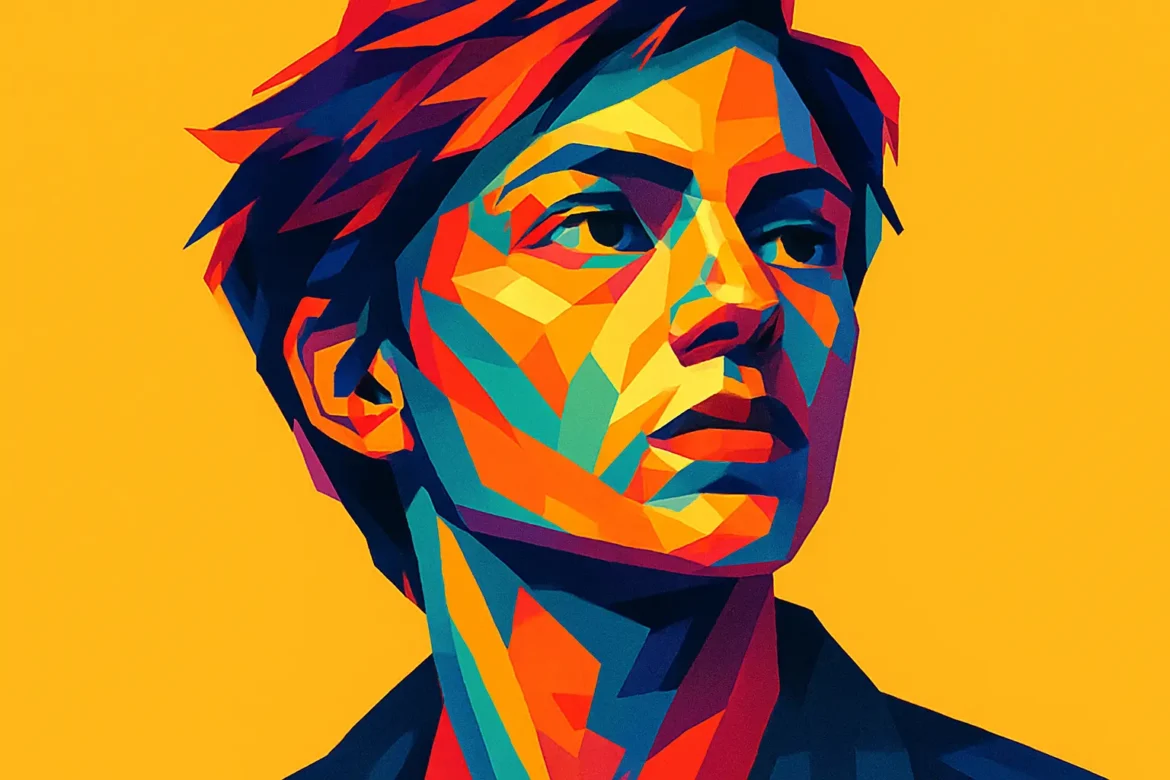 A striking, polygonal-style digital portrait of a young contemporary artist, rendered in bold and vivid colors like orange, teal, red, and blue. The expression on the face conveys determination and introspection, set against a solid bright yellow background. This artwork celebrates the spirit of creativity and individuality, perfectly capturing the essence of artistic identity in modern visual culture.