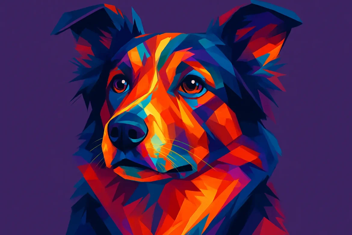 A vibrant and stylized geometric illustration of a dog, depicted in bold shades of orange, blue, red, and purple against a dark violet background. The artwork emphasizes the animal's expressive eyes and thoughtful gaze, capturing both the loyalty and emotional depth often attributed to dogs. A striking visual interpretation that celebrates the beauty and spirit of animals through modern digital artistry.