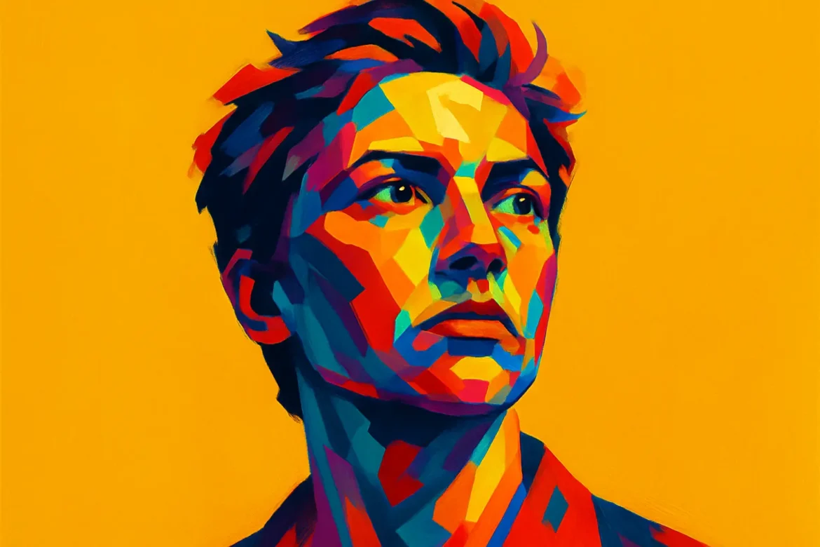 Vivid and stylized digital portrait of a person rendered in an expressive pop art style. The subject's face is composed of bold, geometric shapes in a wide spectrum of bright colors, set against a solid yellow background. The use of contrast and chromatic abstraction gives the image a modern, striking aesthetic, emphasizing determination and introspection.