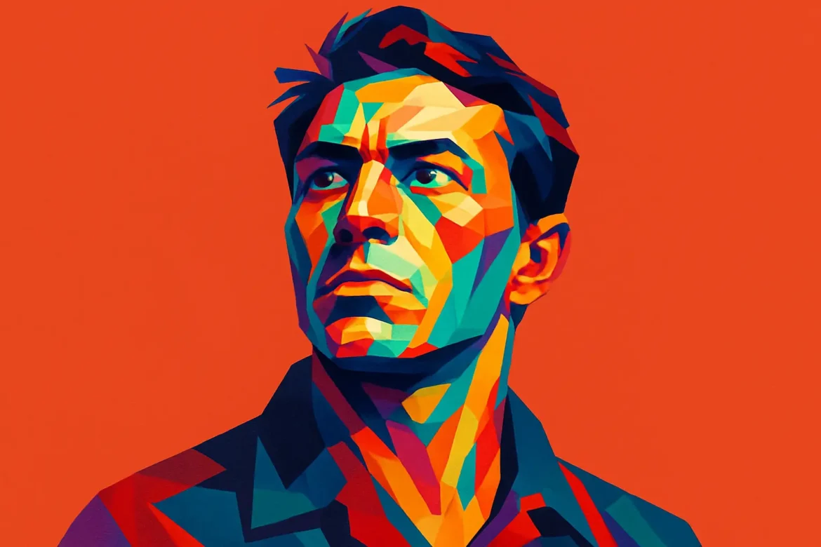 Vivid and colorful abstract portrait of a serious, resolute man gazing upward, symbolizing the inner strength and contemplation often associated with war and its consequences. The geometric style emphasizes fragmentation and complexity—a visual metaphor for the emotional and moral challenges brought by conflict. This artwork, inspired by the theme '15 Quotes on War', captures the human spirit amidst turmoil and reflection.